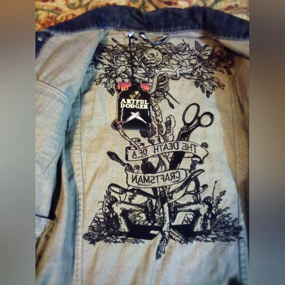Artful Dodger (DEATH OF A CRAFTSMAN) Raw Blue Embroidered Denim Jacket Men's 2XL - Picture 6 of 16